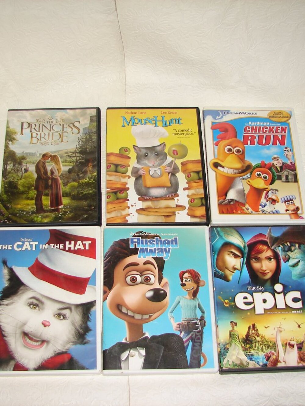 6 Family Kids DVD Lot: Princess Bride, MouseHunt,Chicken Run, Cat in Hat, Epic +
